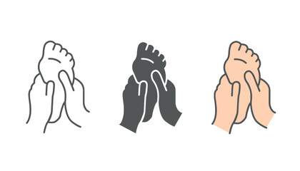 Hands gently massaging a human foot in three different illustration styles, representing relaxation and wellness.
