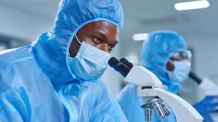 Medical professionals in bright blue hazmat suits attentively examine samples under microscopes in a clean laboratory
