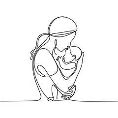 Continuous line drawing of mother holding her baby tenderly
