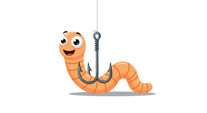 A funny cartoon earthworm with big googly eyes looks nervously at a large sharp fishing hook dangling right in front of its face.
