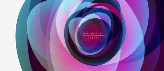 Abstract circular layers create vibrant, colorful background. Design features pinks, blues, purples, gradients, modern aesthetic.