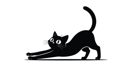 Naklejka premium A simple black silhouette of a cat arching its back and stretching its front paws forward in a classic and elegant feline pose.