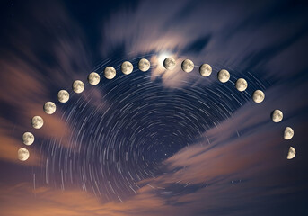 Lunar phases time lapse over the night sky with star trails celestial display