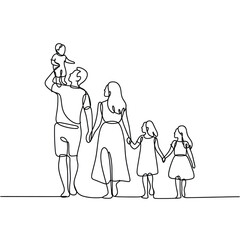 Family of five walking together holding hands with baby on shoulders