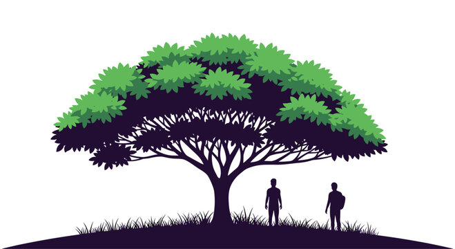 The dark silhouettes of two men stand under the expansive canopy of a large lush green tree on a grassy hill in nature. - Powered by Adobe