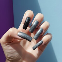 contemporary beauty setting showcasing sophisticated gray nail art with reflective surface