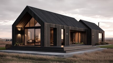 Obraz premium A modern interpretation of a traditional barn-style home with large windows a gabled roof and a front porch