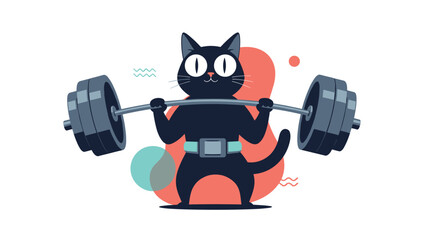 A strong and determined black cat is weightlifting a heavy barbell with an intense expression in a fun and motivational illustration.