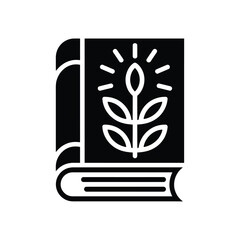 Black and white icon of a book with a plant growing from it