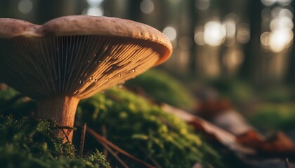 Photorealistic Macro Shot of a Mushroom with Water Droplets on Mossy Forest Floor, Generative AI
