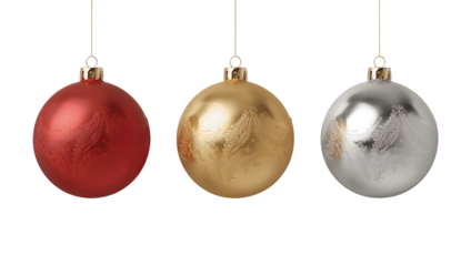 Red, gold, and silver christmas tree ornaments hanging for festive decor
