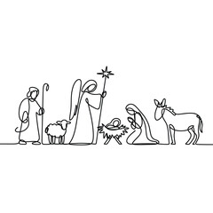 Simple line drawing of the nativity scene with animals and angel © ariyan