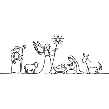 Simple line drawing nativity scene with angel and star
