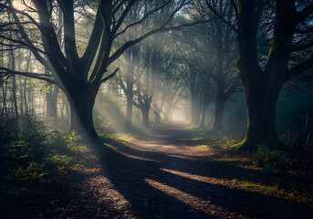 Sunlit forest path trees and shadows in a natural landscape