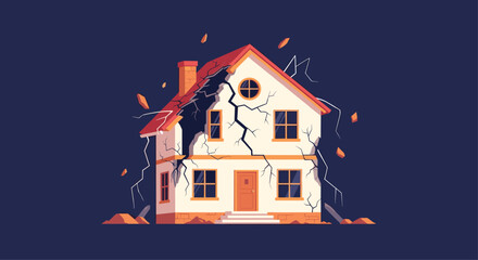 Naklejka premium A two-story house is shown crumbling and falling apart with large cracks and debris in an illustration of disaster or ruin.
