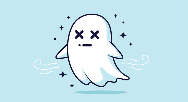 A cute cartoon ghost with X-eyes floats on a light blue background surrounded by stars in a playful and funny game-over style illustration.