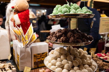 Zurich, Switzerland, November 22 2025. Variety of chocolate truffles and handmade British fudge on...