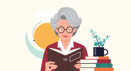 A happy elderly woman with glasses enjoys her retirement by reading a book with a stack of more books beside her in a peaceful illustration.