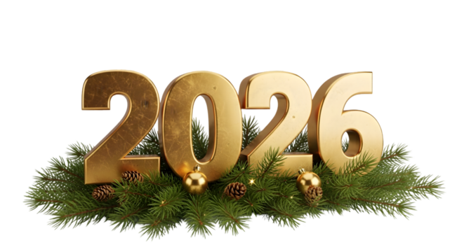 Gilded 2026 typography with festive pine and gold accents – luxurious New Year design

