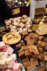 Zurich, Switzerland, November 22 2025. Variety of chocolate truffles and handmade British fudge on...