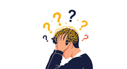 A person is holding their head in frustration with a tangled mess of thoughts and floating question marks symbolizing confusion and anxiety.