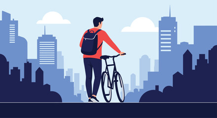 A man with a backpack stands with his bicycle and looks out over a vast modern city skyline in a thoughtful blue-toned illustration.