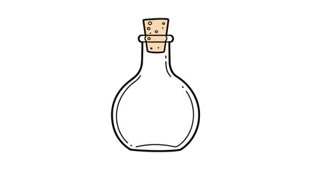 A simple hand-drawn illustration of an empty clear glass potion bottle with a cork stopper in a charming and minimalist doodle style.