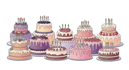 An inviting assortment of colorful multi-tiered birthday cakes, featuring flickering candles, perfect for festive celebrations and sweet moments
