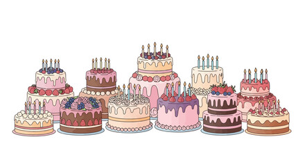 A delightful collection of birthday cakes, beautifully decorated with colorful frosting, glowing candles, and fresh berries, symbolizing joy and sweet celebrations