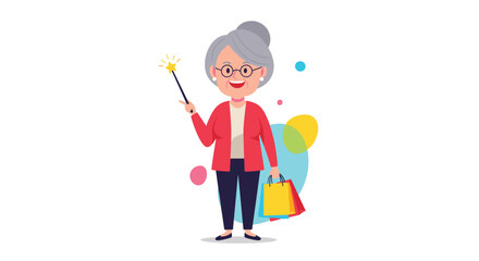 Happy elderly woman with grey hair and glasses holding colorful shopping bags and a magic wand to represent smart shopping deals.