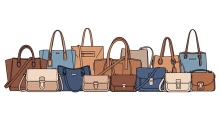 A diverse collection of elegant women's handbags and fashion accessories, showcasing various styles of purses, clutches, and totes for everyday use and special occasions