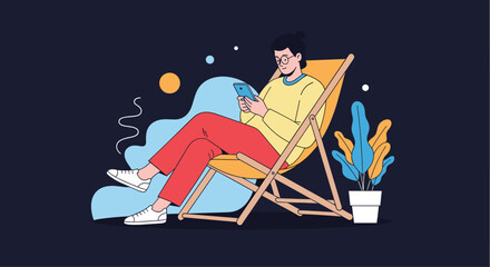 Young person with glasses relaxing in a deck chair while browsing a smartphone with a potted plant nearby on a dark background.