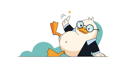 Clever cartoon duck character wearing a business suit and glasses sits on the ground and snaps its fingers with a great idea.