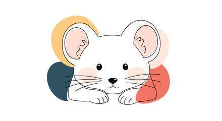 Adorable and simple line art illustration of a cute white mouse lying down with its head resting on its paws against abstract shapes.