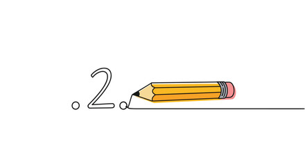 Yellow pencil with a pink eraser shown drawing a continuous line that forms the number two in a simple and clean illustration.
