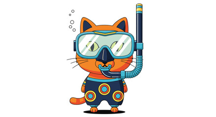 Cute cartoon ginger cat character is ready for a summer vacation wearing a snorkel mask and swim trunks for a diving adventure.