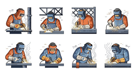 Illustrations of professional welders performing metal fabrication tasks, emphasizing sparks, safety gear, and the precision of industrial welding work