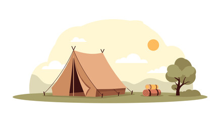 Peaceful outdoor camping scene with a canvas tent and sleeping bags set up in a green meadow on a sunny day with clouds.