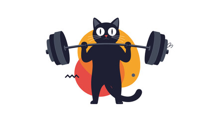 Strong and determined cartoon black cat is lifting a heavy barbell with great effort in a fun gym and fitness themed illustration.