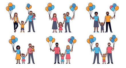 Diverse Families with Balloons Illustration of Love and Togetherness