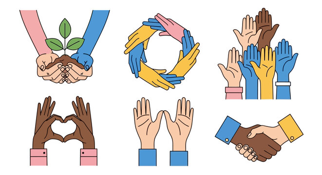 A collection of diverse and multicultural hand gestures symbolizing unity, love, environmental care, and community support