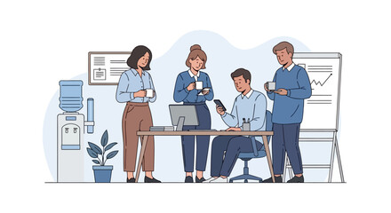 Friendly colleagues enjoying a casual coffee break, socializing and building team camaraderie in a modern office setting