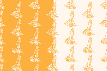 Beacon tower hand drawn seamless pattern on yellow beige background for marine and nautical merchandise. Lighthouse engraving doodle pattern background. Shore lighthouse hatching motif wallpaper