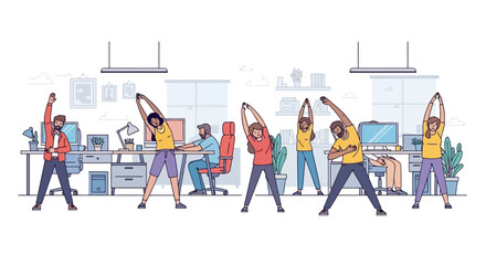 Illustrative scene of diverse office employees actively participating in group stretching and exercise breaks to enhance workplace wellness and productivity