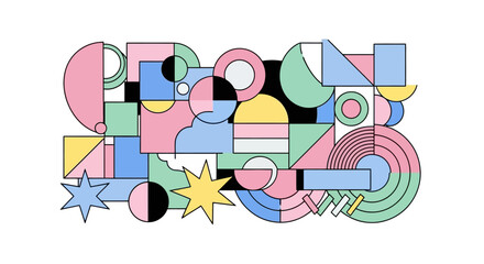 Modern abstract background featuring a dynamic composition of colorful geometric shapes and patterns in a minimalist flat style