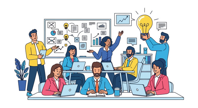 A creative business team collaborating on a new concept, brainstorming innovative ideas together in a modern office meeting - Powered by Adobe