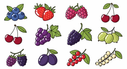A colorful collection of various fresh garden berries and summer fruits, including strawberries, blueberries, grapes, and cherries, illustrated in a flat cartoon icon style
