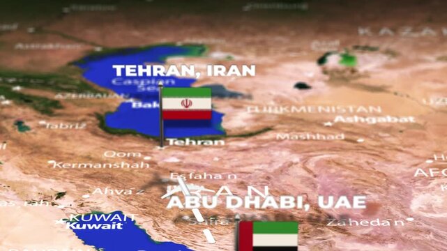 Flight from Abu Dhabi UAE to Tehran IRAN with flag pins
