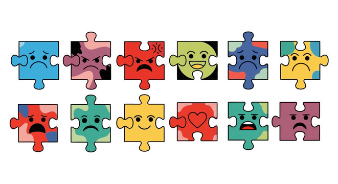 Conceptual illustration of emotional intelligence and mental health, featuring a diverse set of puzzle pieces with various facial expressions