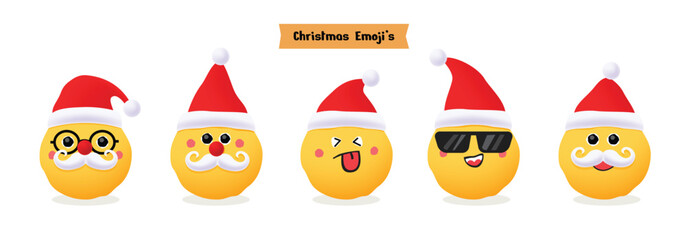 A fun and expressive collection of 3D yellow emojis wearing Santa hats and mustaches, featuring diverse looks like sunglasses and glasses, perfect for holiday greetings, and seasonal fun.